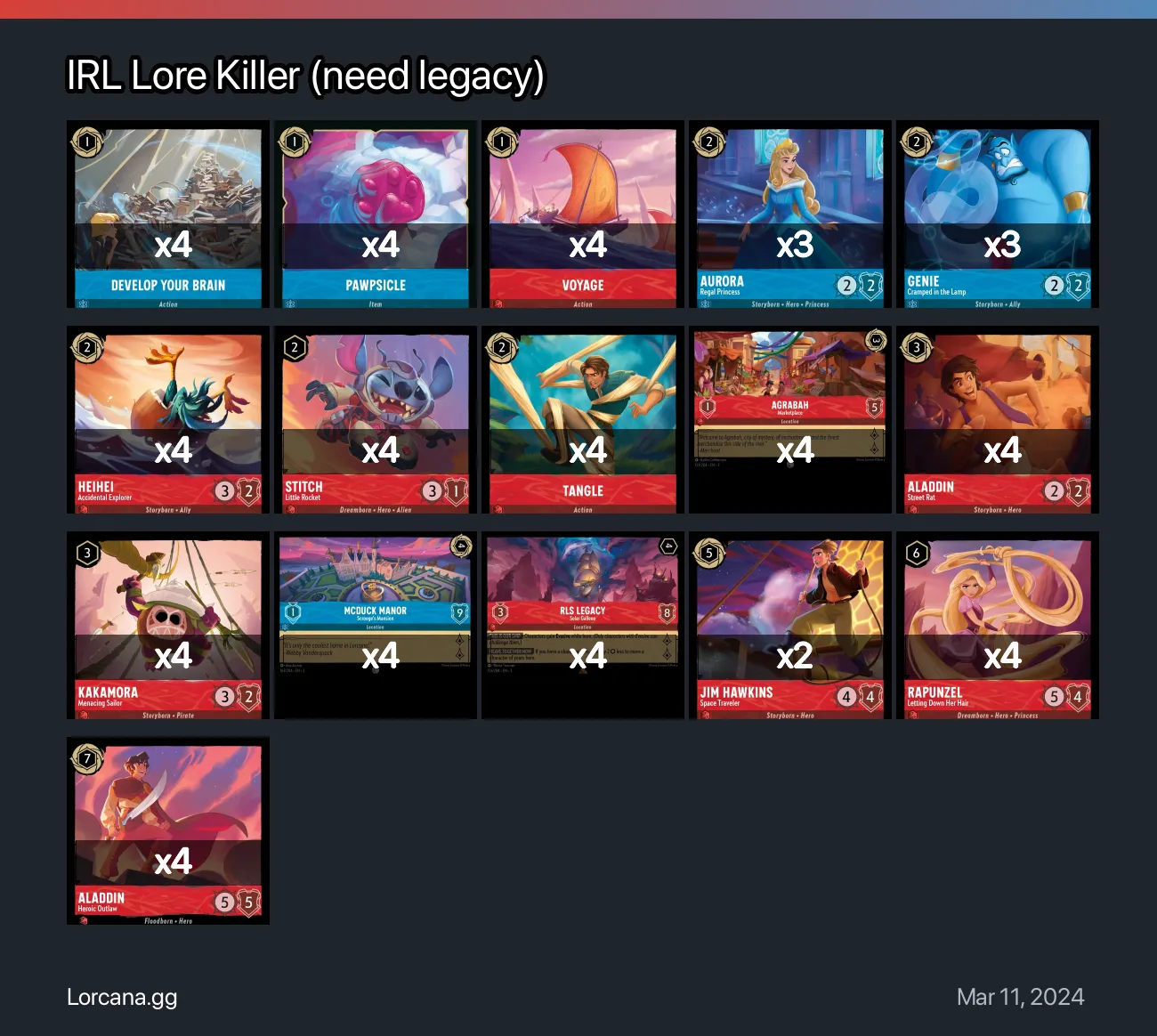 IRL Lore Killer (need legacy) Lorcana Deck • Lorcana.GG