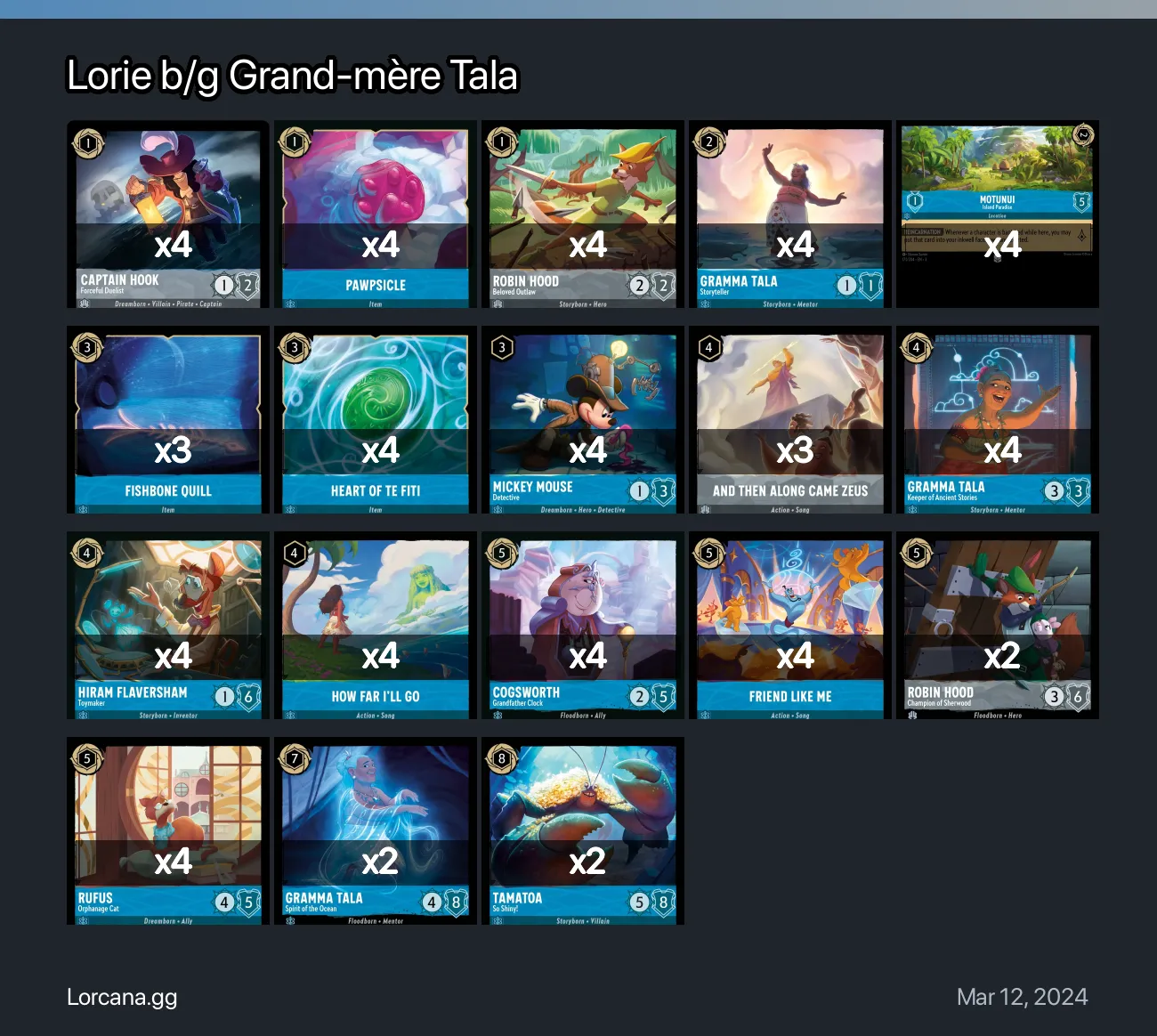 Lorie b/g Grand-mère Tala Lorcana Deck • Lorcana.GG