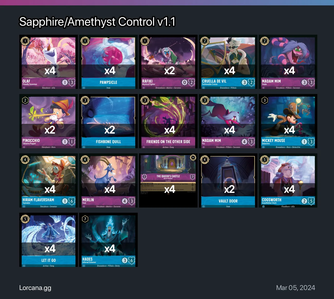 Sapphire/Amethyst Control v1.1 Lorcana Deck • Lorcana.GG